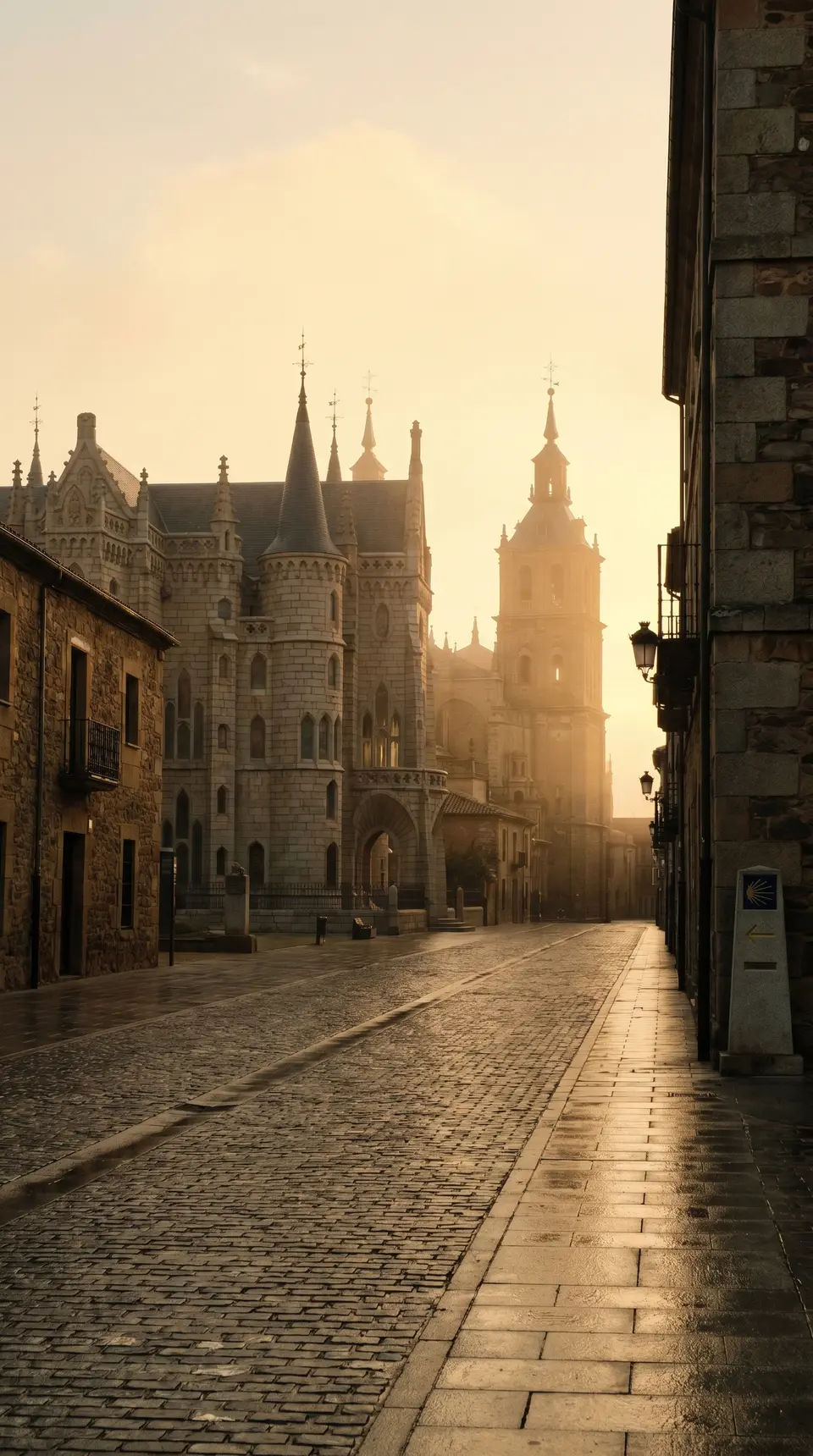 Astorga al amanecer, con el Palacio Episcopal y las torres de la catedral
