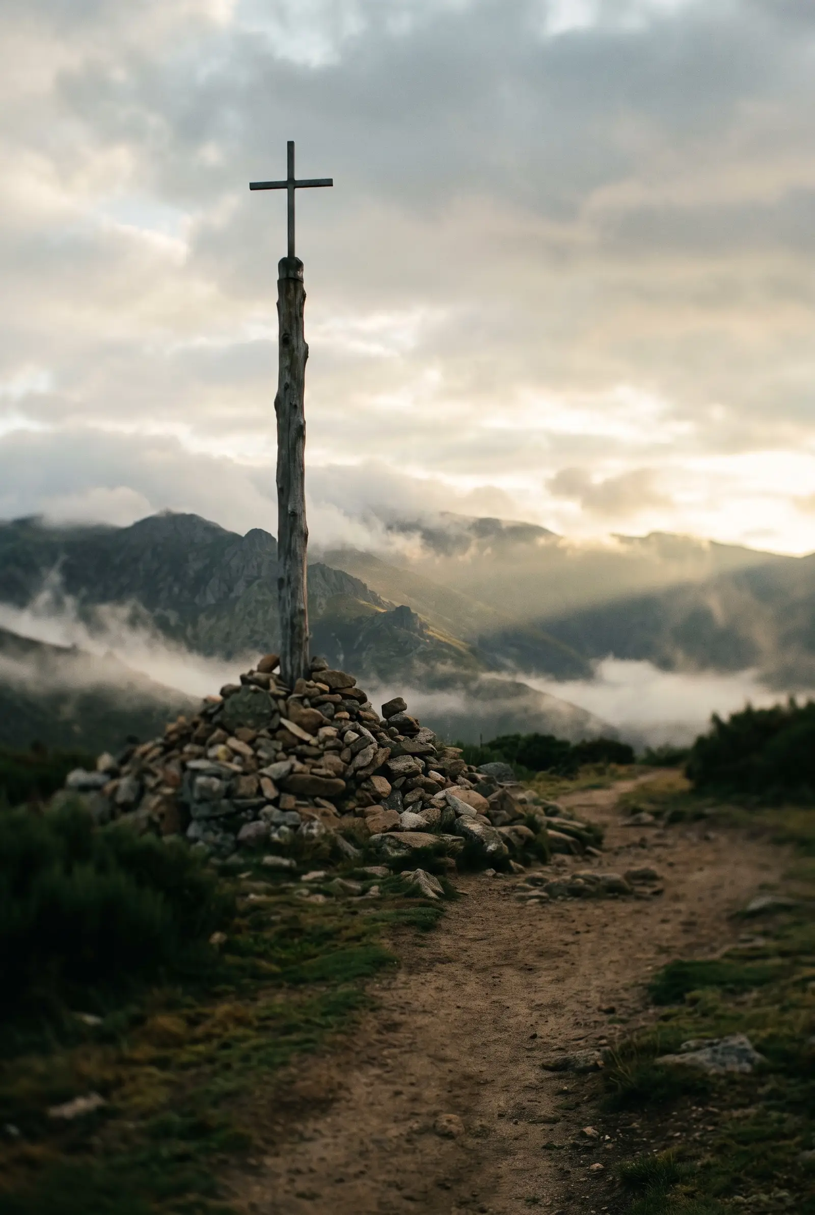 La Cruz de Ferro sobre su montón de piedras de peregrino, entre la niebla de los montes de León