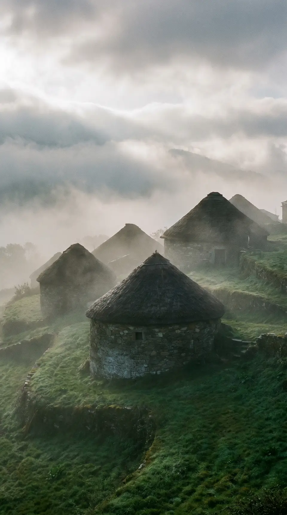 Las pallozas de piedra de O Cebreiro entre la niebla de Galicia